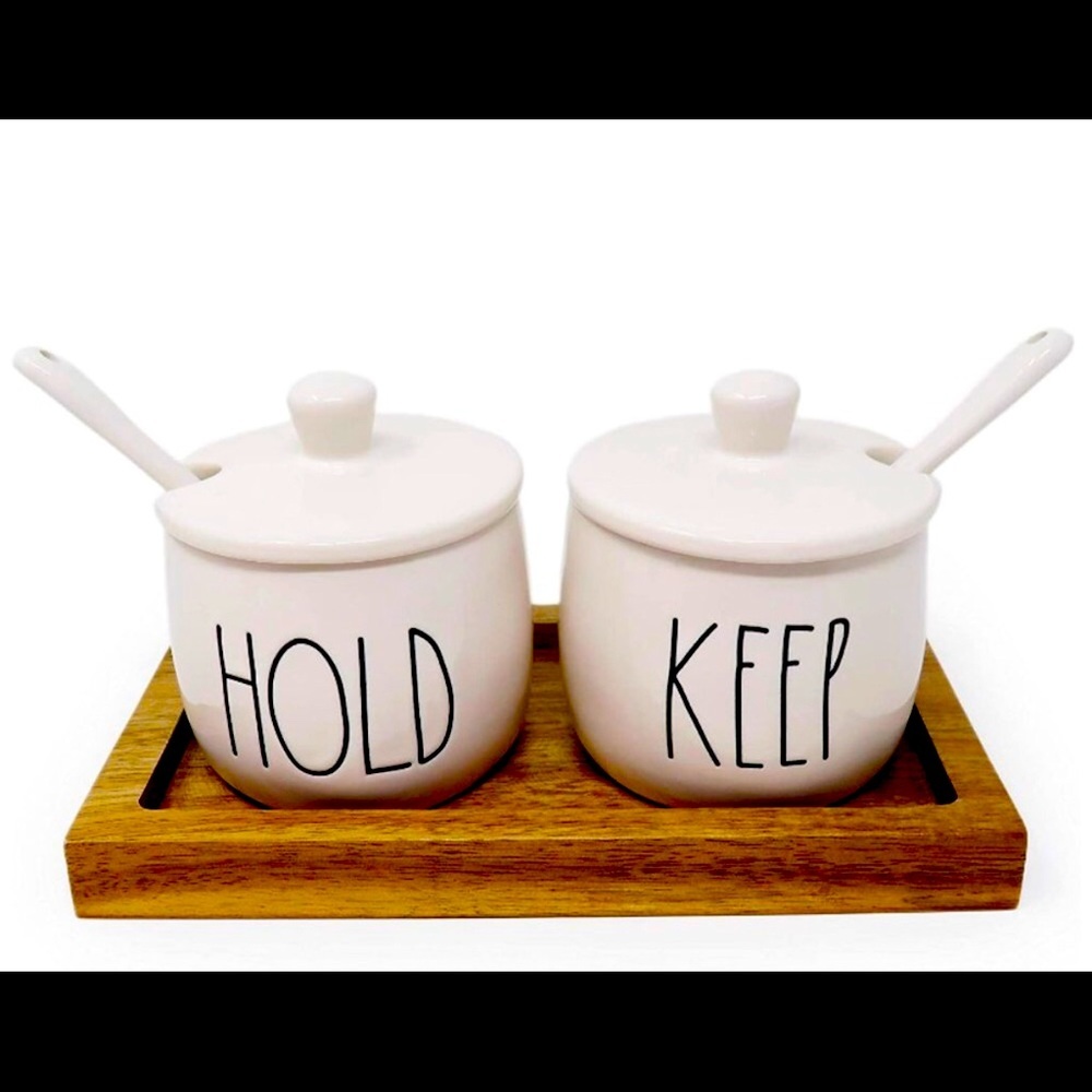 Rae Dunn CONDIMENT  HOLD KEEP & Wooden holder